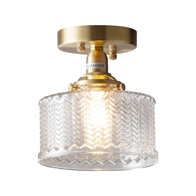 Traditional Brass Semi Flush Drum Corridor Ceiling Fixture with Clear Prismatic Glass & Single Bulb