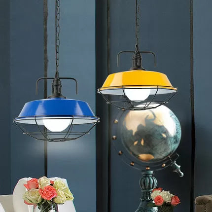 Industrial Pendant Light with Metal Blue/Green Barn Shade, Wire Cage - 14"/18" Dia, 1 Light, Hanging Fixture