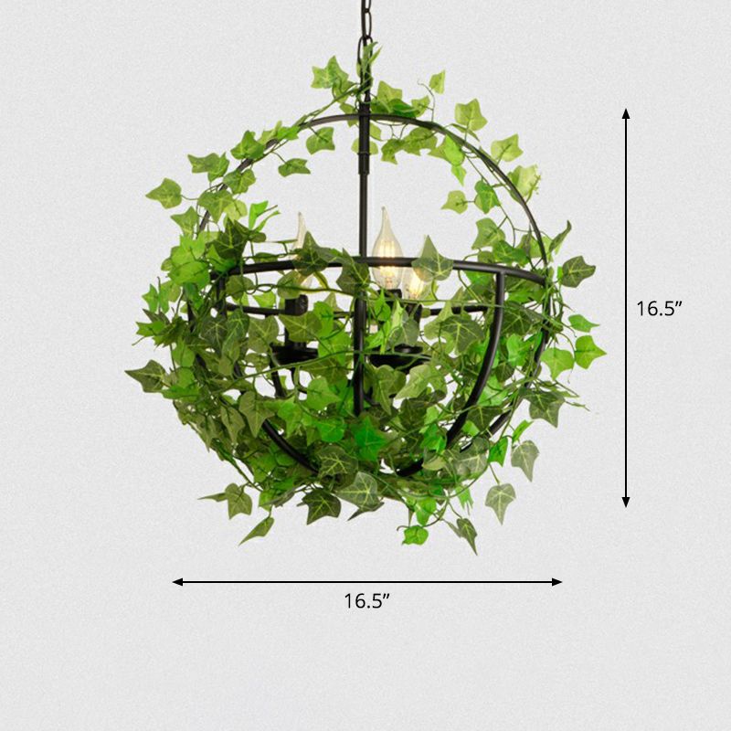 Industrial Green Iron Ceiling Chandelier with 3-Lights, Fake Plant and Cage - Restaurant Pendant Lamp