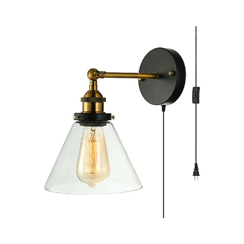 Industrial Bedroom Wall Lamp - Clear Glass Sconce Light With Black Conical Fixture