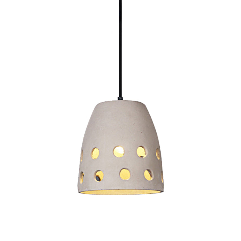 Industrial Cement Pendant Light With Hollow Design - Gray Bucket For Dining Table