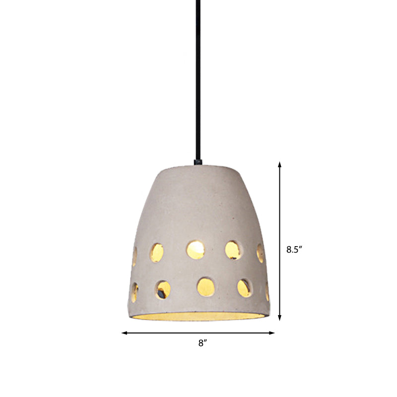 Industrial Cement Pendant Light With Hollow Design - Gray Bucket For Dining Table