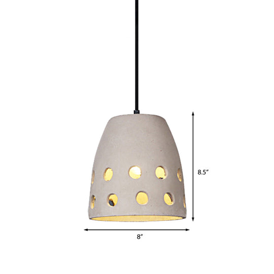 Industrial Cement Pendant Light With Hollow Design - Gray Bucket For Dining Table