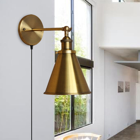 Retro Brass Metal Wall Light With Plug-In Cord - Tapered Bulb Fixture For Living Room