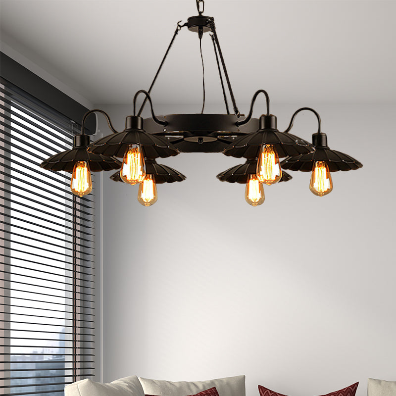 Vintage Style Restaurant Chandelier - 6 Head Down/Up Light with Scalloped Shade in Black