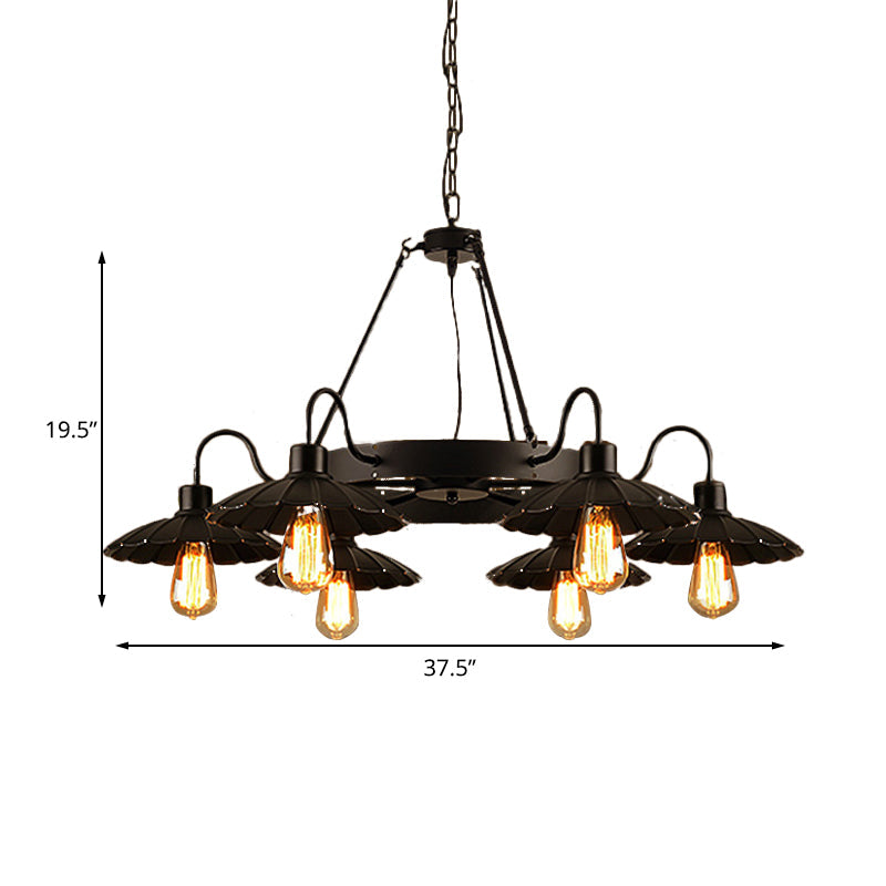 Vintage Style Black Chandelier With 6 Scalloped Shade Lights For Restaurants