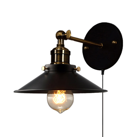 Retro Style Black Cone Wall Lamp - Adjustable Angle 1-Bulb Dining Room Sconce With Plug-In Cord