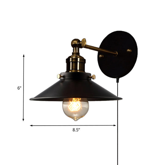 Retro Style Black Cone Wall Lamp - Adjustable Angle 1-Bulb Dining Room Sconce With Plug-In Cord