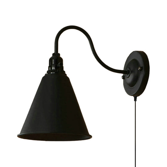 Industrial Black Metallic Wall Sconce With Plug-In Cord - Tapered Design 1 Light Ideal For Front