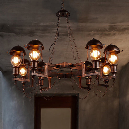 Antique Metal Ring Hanging Lamp - 8 Head Chandelier with Half-Globe Shade, Rustic Villa Lighting