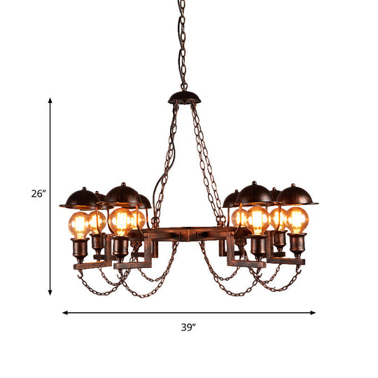 Antique Metal Ring Hanging Lamp - 8 Head Chandelier with Half-Globe Shade, Rustic Villa Lighting