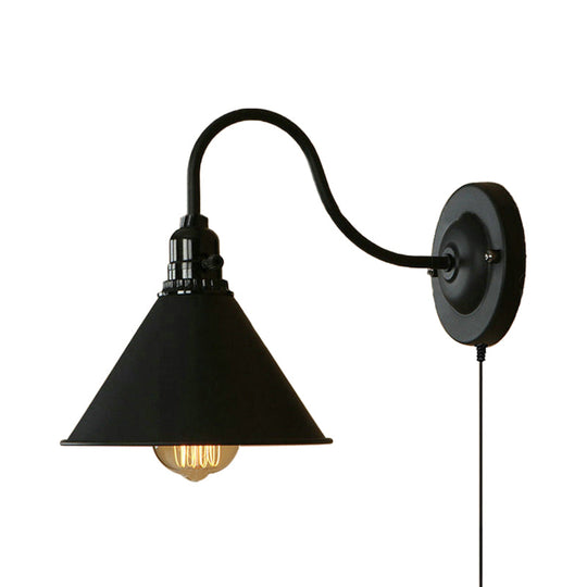 Retro Stylish Wall Sconce Lamp: Conical Metal Plug-In Light With Gooseneck Arm | Matte Black For