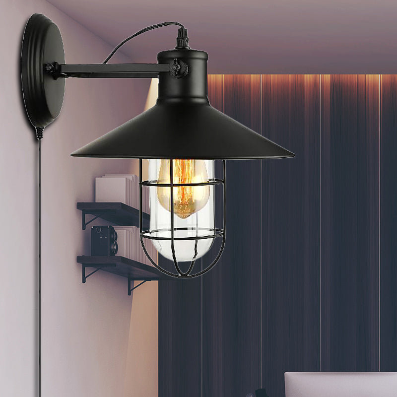 Industrial Black Cone Sconce With Clear Glass - Kitchen Wall Lamp Cage And Plug-In Cord