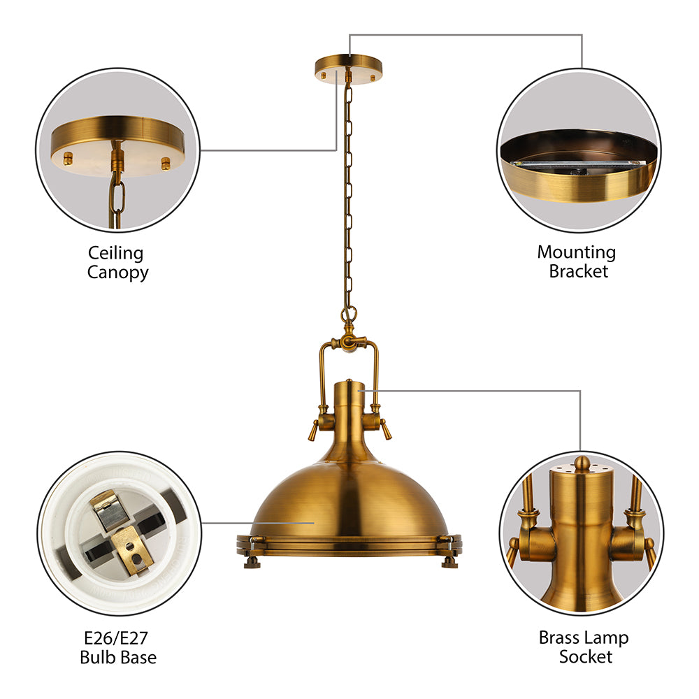 1-Light Industrial Metal Pendant With Antique Brass/Brass/Copper Finish And Frosted Diffuser