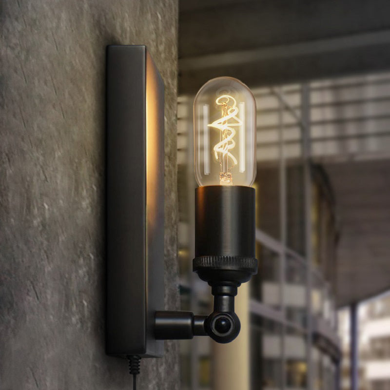 Retro Loft Black Metal Sconce Lamp: 1-Light Plug-In Wall Lamp With Exposed Bulb - Dining Room