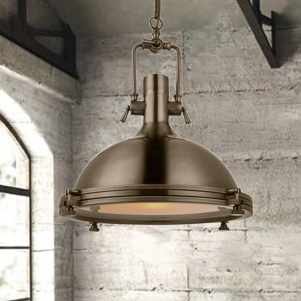 1-Light Industrial Metal Pendant With Antique Brass/Brass/Copper Finish And Frosted Diffuser Brass