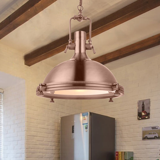 1-Light Industrial Metal Pendant With Antique Brass/Brass/Copper Finish And Frosted Diffuser Copper