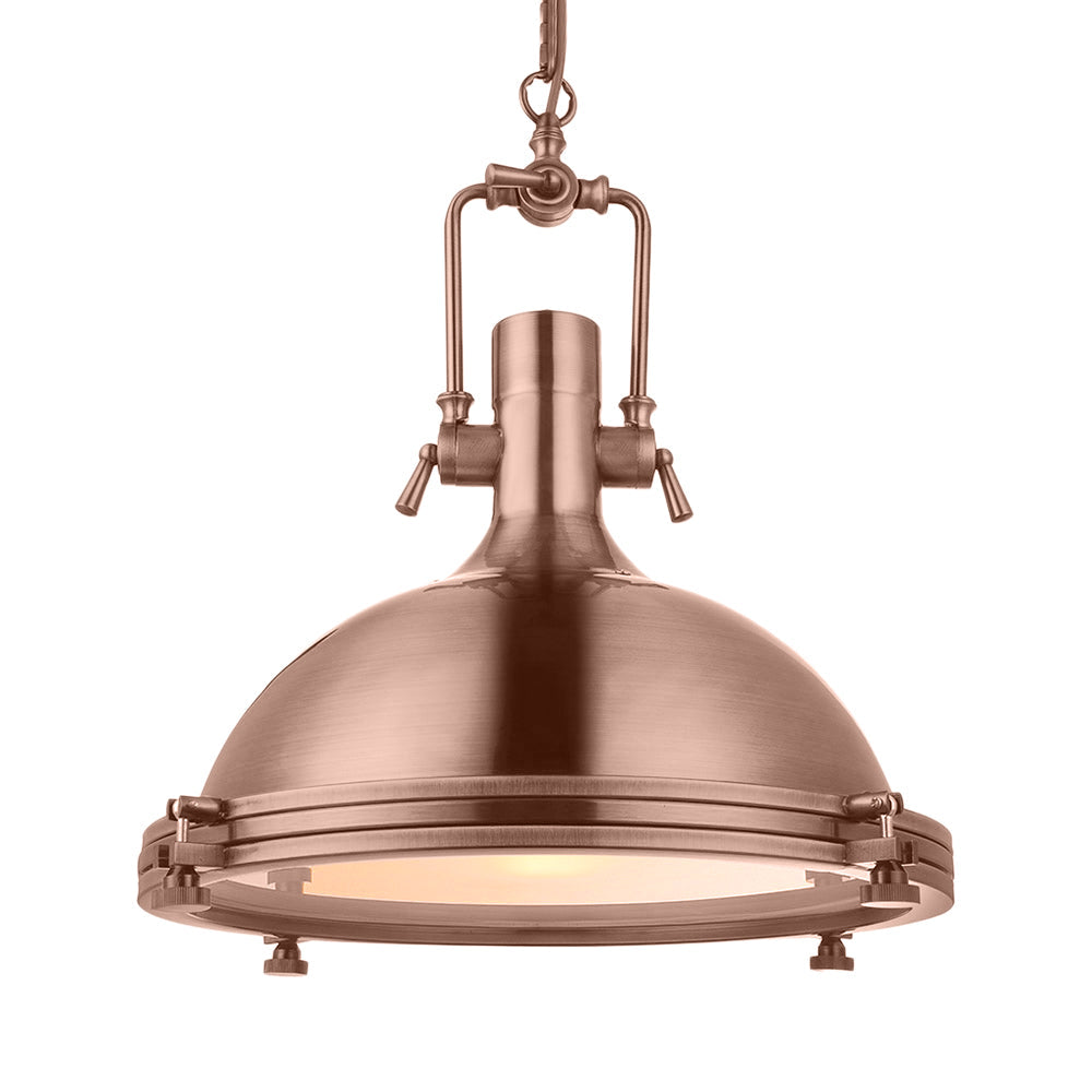 1-Light Industrial Metal Pendant With Antique Brass/Brass/Copper Finish And Frosted Diffuser