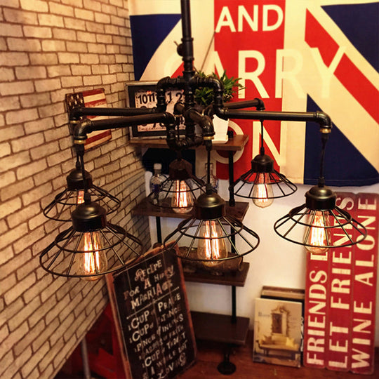 Farmhouse Style Metal Chandelier: 6-Light Black Pendant Lamp with Cone Cage Shade for Dining Room