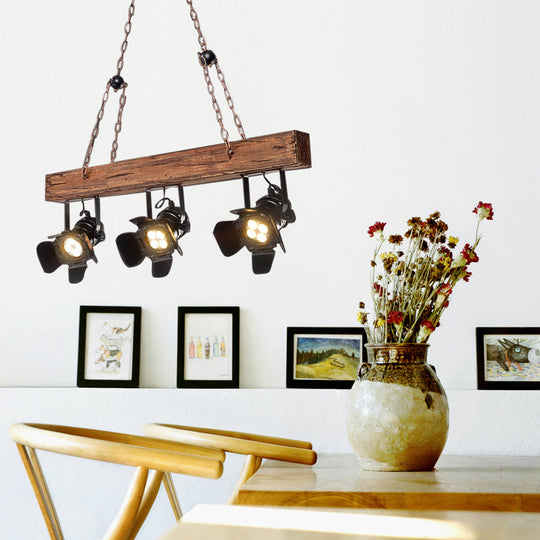 Black Metal And Wood Linear Island Pendant Light - Vintage Style With Wooden Beam 3 Lights