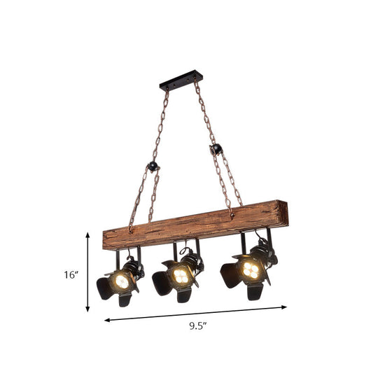 3 Lights Vintage Metal and Wood Island Pendant Light with Wooden Beam in Black