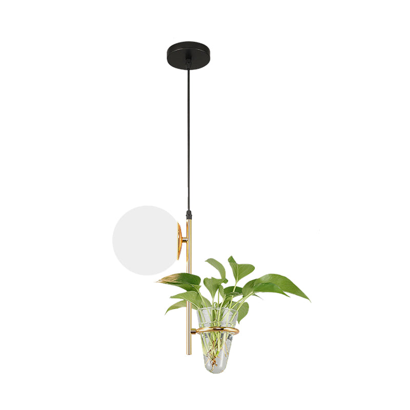 Retro Black/Gold Metal Ball Pendant Light With Led Milk White/Smoke Grey Glass Shade