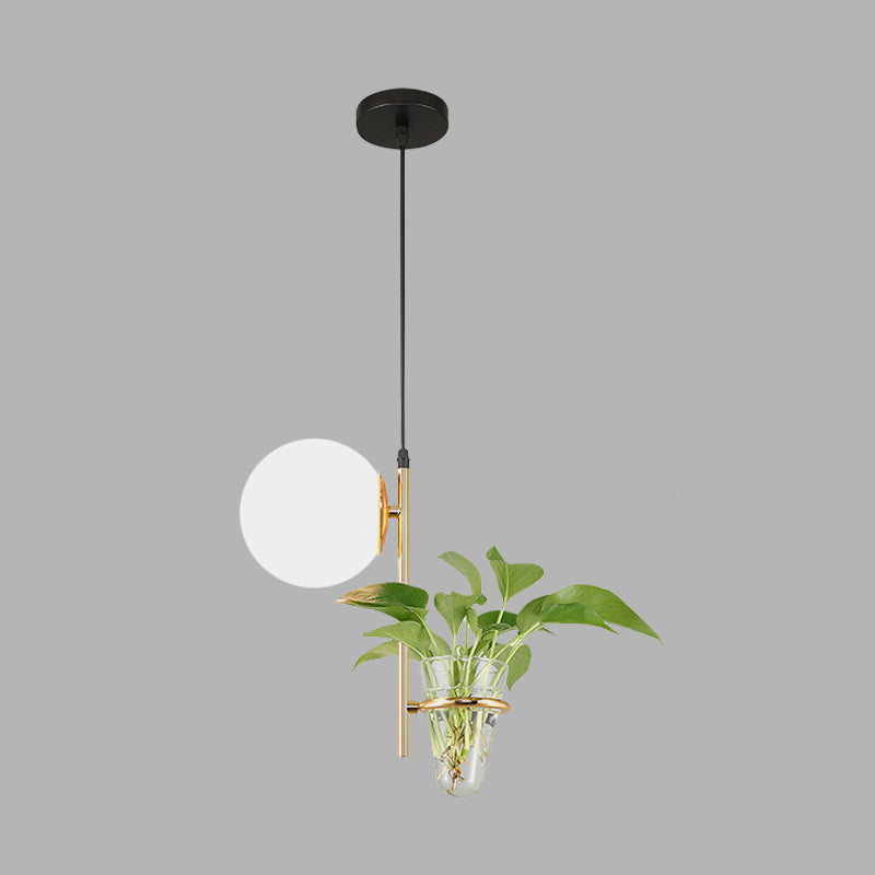 Retro Black/Gold Metal Ball Pendant Light With Led Milk White/Smoke Grey Glass Shade