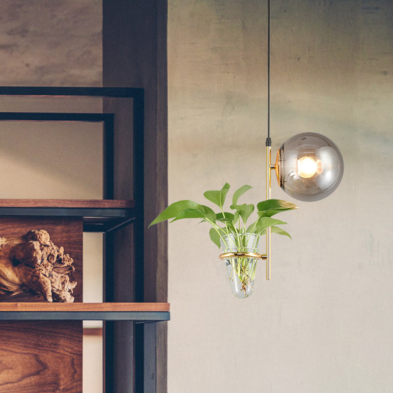 Retro Black/Gold Metal Ball Pendant Light With Led Milk White/Smoke Grey Glass Shade Gold / Smoke