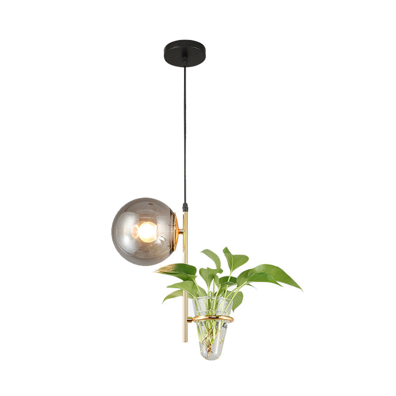 Retro Black/Gold Metal Ball Pendant Light With Led Milk White/Smoke Grey Glass Shade