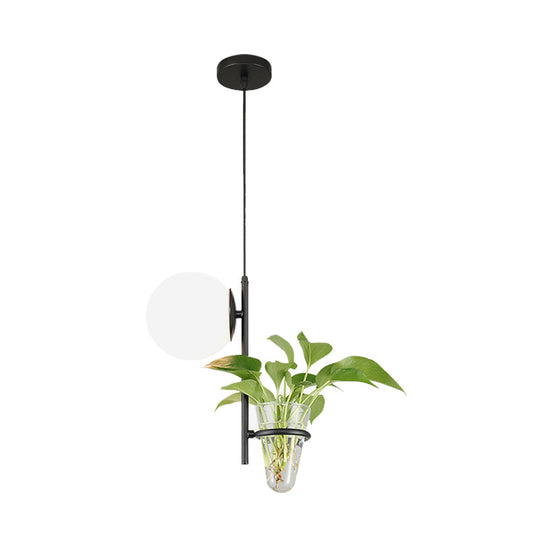 Retro Black/Gold Metal Ball Pendant Light With Led Milk White/Smoke Grey Glass Shade