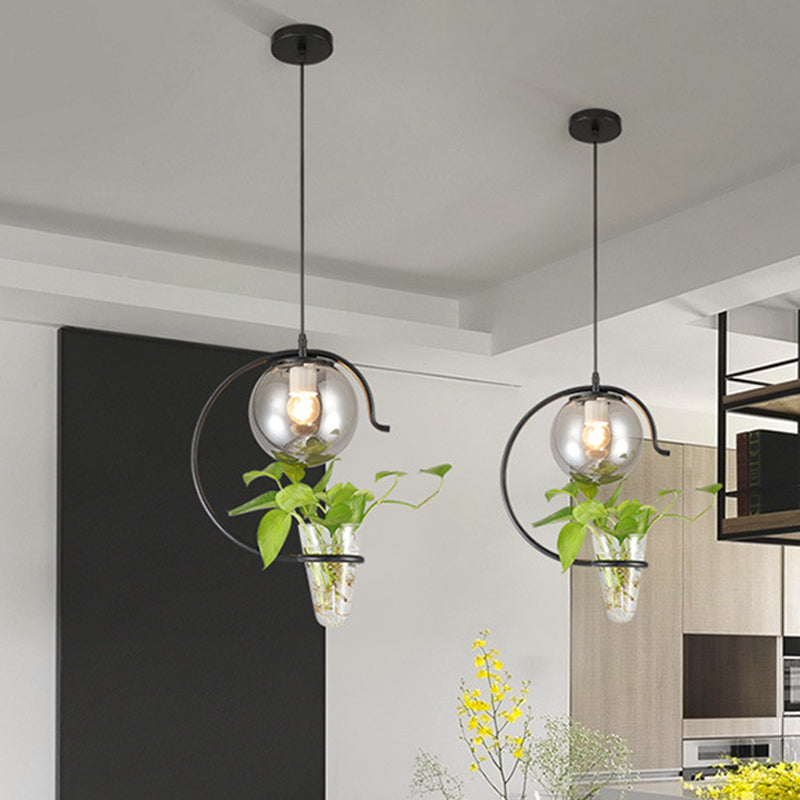 Industrial Globe Metal Pendant With Led Light In Milk White/Smoke Grey Glass - Black/Gold Suspended