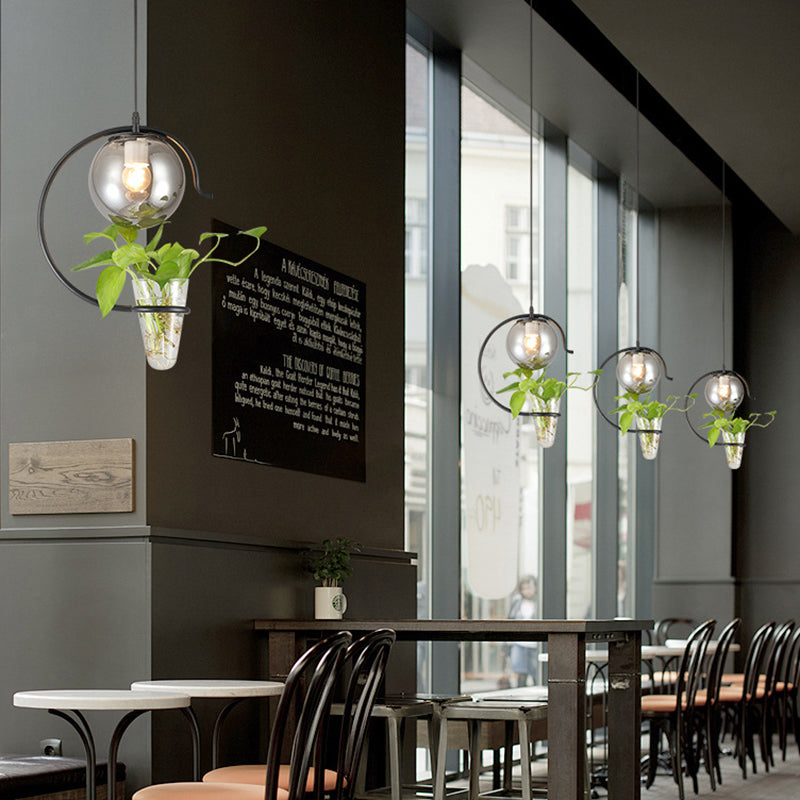 Industrial Globe Metal Pendant With Led Light In Milk White/Smoke Grey Glass - Black/Gold Suspended