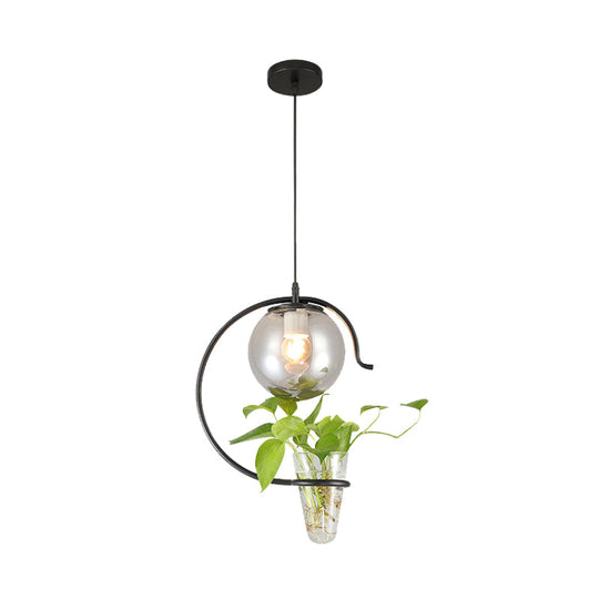 Industrial Globe Metal Pendant With Led Light In Milk White/Smoke Grey Glass - Black/Gold Suspended