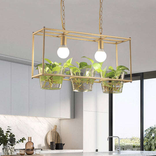 Retro Metal Rectangle Island Ceiling Light - Black/Gold Dining Room Led Suspension Lamp Gold