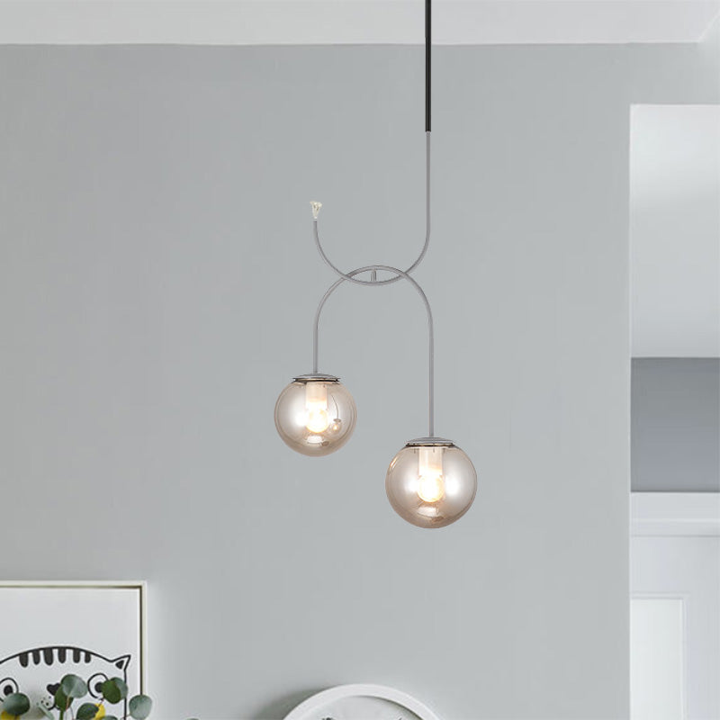 Industrial Metal Down Lighting Pendant With 2 Bulbs Milk White/Smoke Grey Glass Led Multi Light