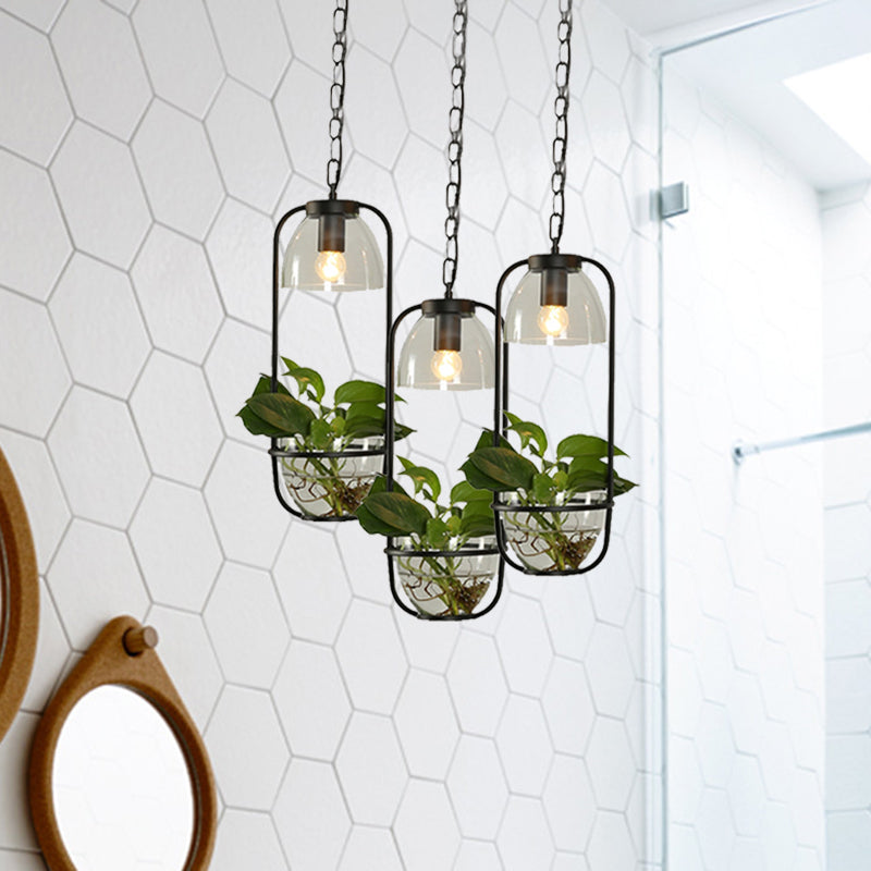 Black/White Rectangular Cluster Pendant Industrial Metal Light With Round/Linear Canopy - 2/3 Heads