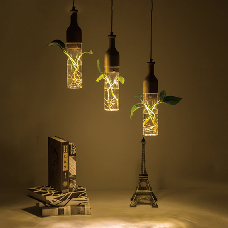 Industrial Wood Wine Bottle Pendant Light With 3 Clear Glass Bulbs - Restaurant Suspension Lighting