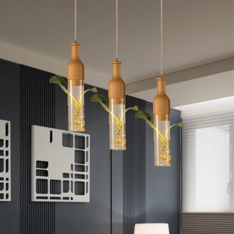 Industrial Wood and Glass Pendant Lighting with Multi Bulbs and Wine Bottle Design for Restaurants