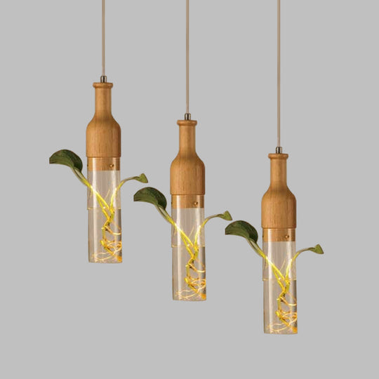 Industrial Wood and Glass Pendant Lighting with Multi Bulbs and Wine Bottle Design for Restaurants