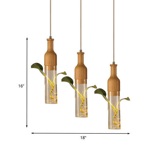 Industrial Wood Wine Bottle Pendant Light With 3 Clear Glass Bulbs - Restaurant Suspension Lighting