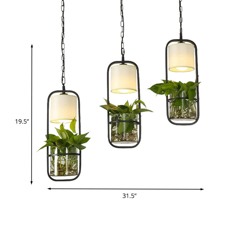 Cylinder Vintage Pendant Light Fixture - Black Suspension Lighting With 3 Heads And Round/Linear