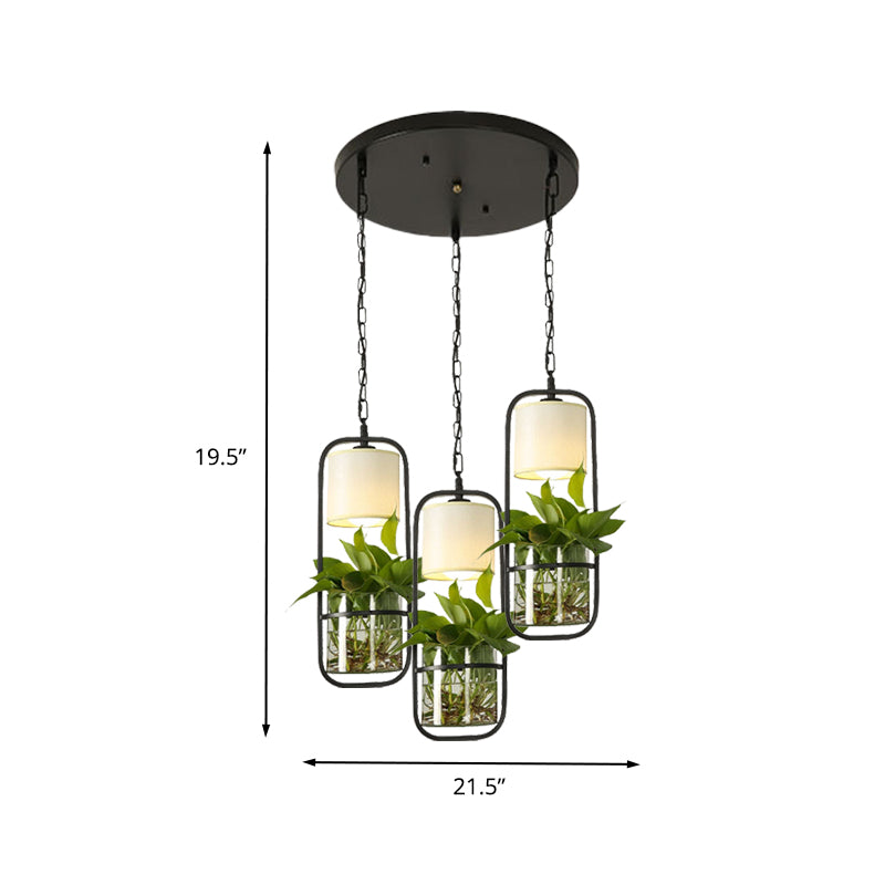 Cylinder Vintage Pendant Light Fixture - Black Suspension Lighting With 3 Heads And Round/Linear