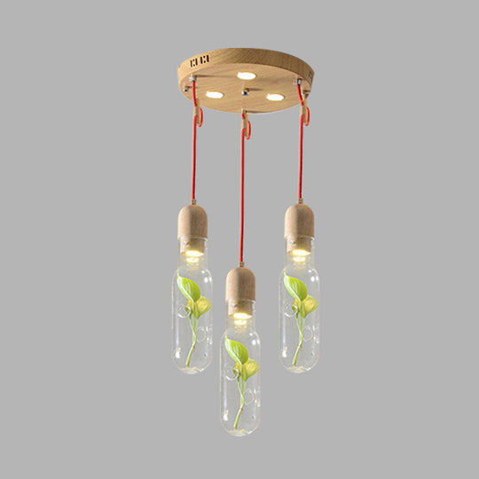 Vintage Metal Bottle Pendant Light with Plant Holder - Wood Cluster and LED Bulbs for Living Room