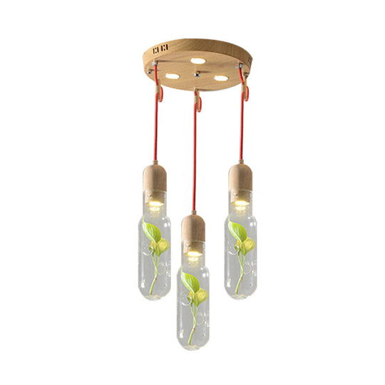 Vintage Metal Bottle Pendant Light with Plant Holder - Wood Cluster and LED Bulbs for Living Room