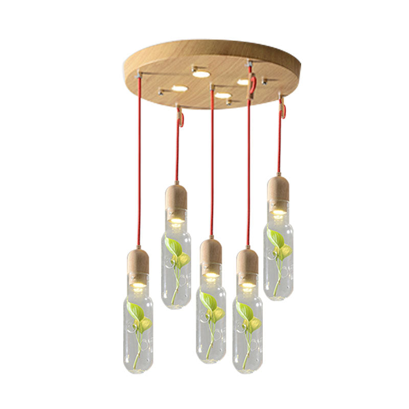 Vintage Metal Bottle Pendant Light with Plant Holder - Wood Cluster and LED Bulbs for Living Room