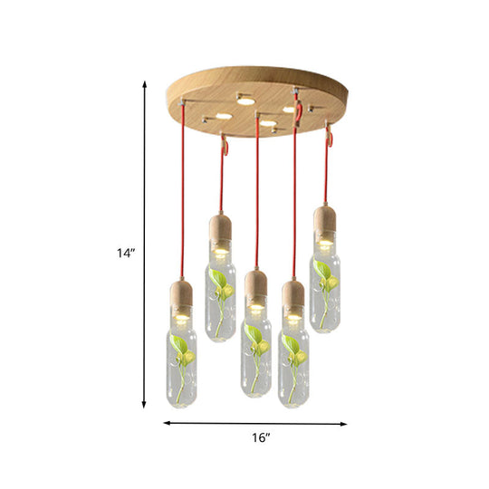 Vintage Metal Bottle Pendant Light with Plant Holder - Wood Cluster and LED Bulbs for Living Room