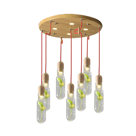 Vintage Metal Bottle Pendant Light with Plant Holder - Wood Cluster and LED Bulbs for Living Room