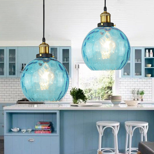 Industrial Blue Dimpled Glass Globe Pendant Light For Living Room Ceiling