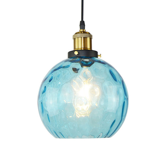 Industrial Globe Pendant Light with Blue Dimpled Glass Shade - 1 Light Ceiling Fixture for Living Room