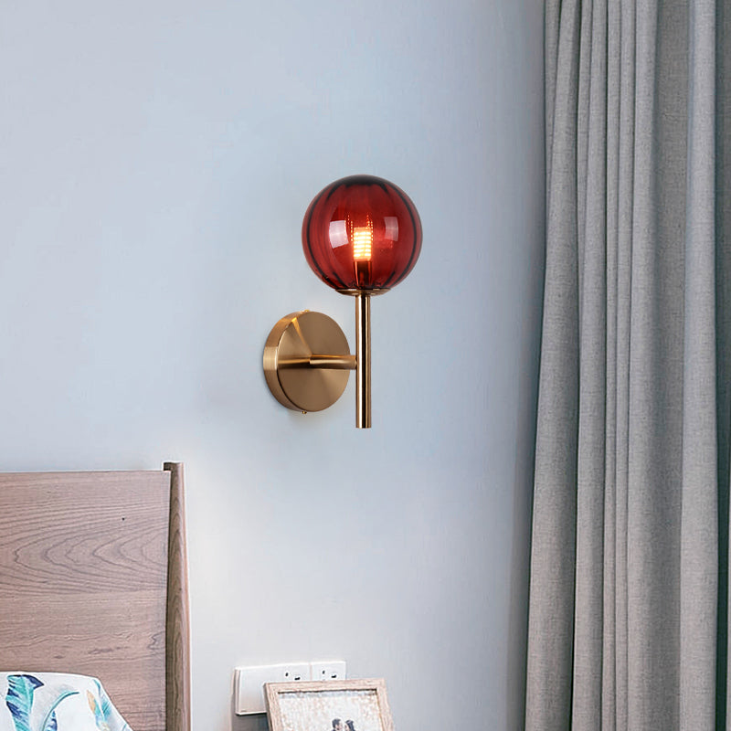 Sleek Round Wall Lighting: Simplicity Glass Bedside Sconce Light With Pencil Arm - Red/Green/Amber